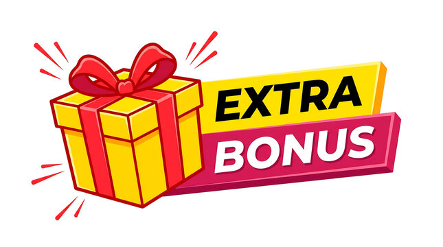 Extra bonus promotional banner design featuring a yellow gift box with a bright red ribbon