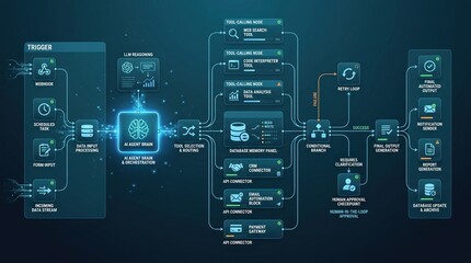Fototapeta premium AI Agent Workflow Diagram: Automated Tool Integration & Orchestration Process