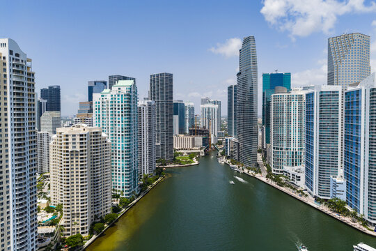Miami Brickell coastline from drone. Miami skyline. Miami cityscape from drone. Miami downtown skyline.