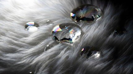 Naklejka premium Clear liquid droplets with iridescent rainbow reflections resting on soft white faux fur captured in high resolution macro photography style