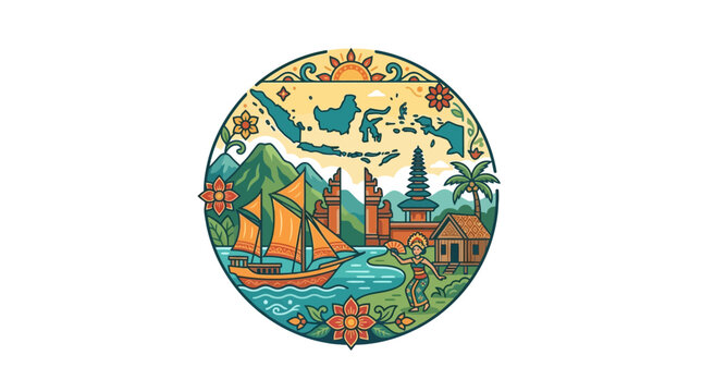 Circular emblem of Indonesian culture and landscapes.