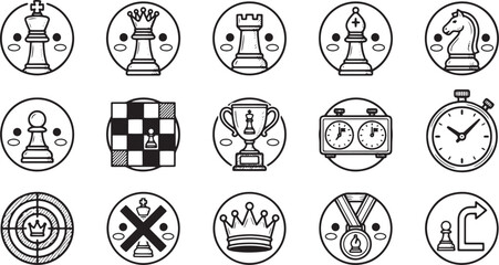 Hand Drawn Cute Chess Strategy and Board Game Elements Vector Icon Set © Masuda