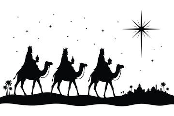 Fototapeta premium Three wise men riding camels towards the star of bethlehem at night