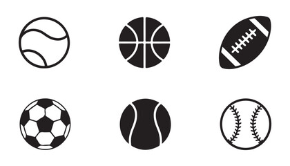 Fototapeta premium Set of black sports balls icons for games and athletic competition vector silhouettes for design collection.