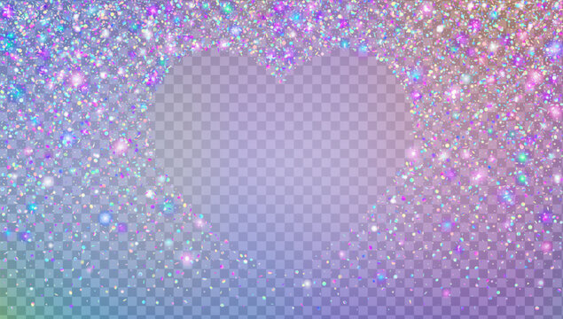 Glitter Sequins In Heart Shape. Rainbow Shiny Sparkles For Carnaval And Party. Holographic Valentine And Wedding Background. Blue Brilliant Light.  Pink Glitter Sequins For Love Concept