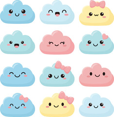 Fototapeta premium Collection of whimsical, pastel-colored cartoon clouds with happy faces, expressing joy and playfulness