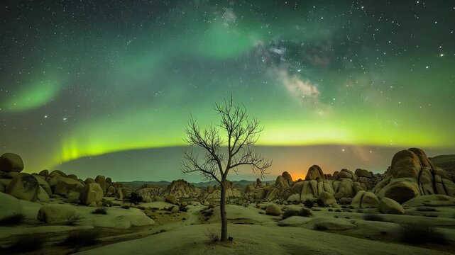 Serene time-lapse of a solitary tree under dazzling auroras and twinkling stars in a peaceful night landscape