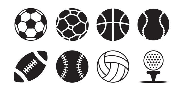 Set of eight sport ball icons including soccer, basketball, tennis, american football, baseball, volleyball, and golf on tee.