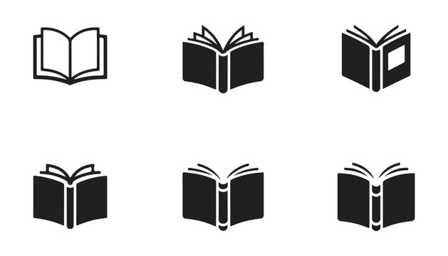 Black book icons collection for mobile app or web design on transparent background with flat solid shapes.