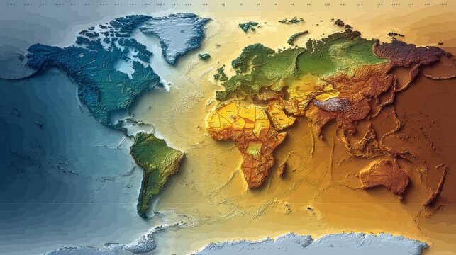 A relief map of Earth showcasing continents and oceans with color gradients representing altitude and bathymetry