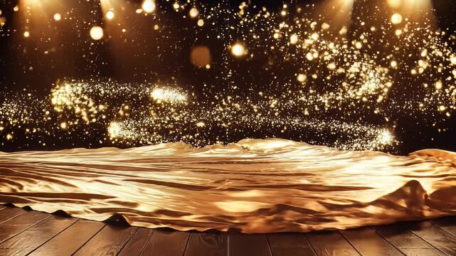 Cinematic golden draped fabric on dark wooden floor with bokeh lights