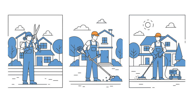 Flat linear illustration set of gardeners in blue overalls performing lawn care, hedge trimming, and power washing maintenance services in front of suburban houses with trees and clouds.