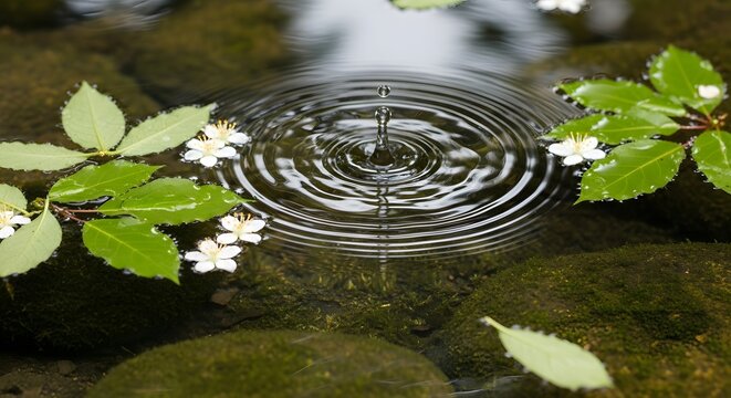 Fresh water drop falling into a dark pond with green leaves and white flowers