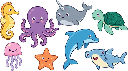 Cute Ocean Animals Cartoon Character Vector Icon Set Featuring Seahorse Octopus Narwhal Sea Turtle Jellyfish Starfish Dolphin and Hammerhead Shark for Kids Graphic Designs © SARIFA