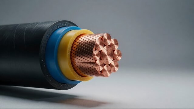 Close up of a multi-layered electrical copper wire cable showing internal conductive metal strands