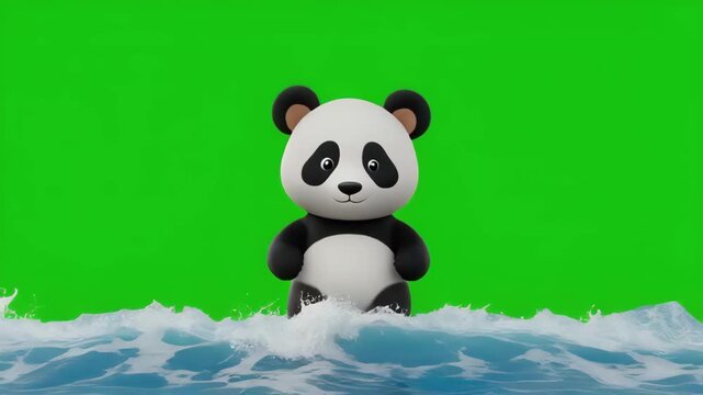 Cute Panda Dancing in Ocean Waves with Green Screen Background Cinematic Motion