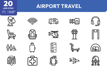Fototapeta premium Traveler Comfort and Airport Operations icon set. Containing satellite dish, wi-fi signal, shuttle bus, security scanner, headset, luggage cart, boarding gate. Editable stroke. Vector illustration.
