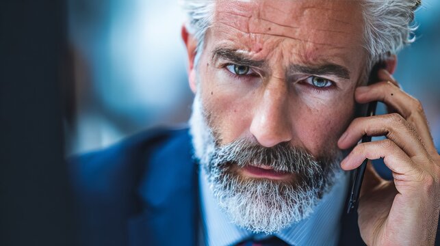 A close-up of a serious, concerned older man with gray hair and beard, on a phone call. He wears a suit