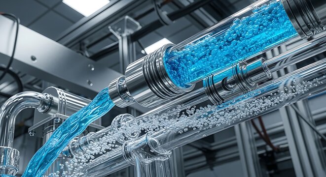 Industrial  fluid processing equipment featuring transparent pipes carrying blue fluid and bubbly liquid. Set inside a modern high-tech factory.