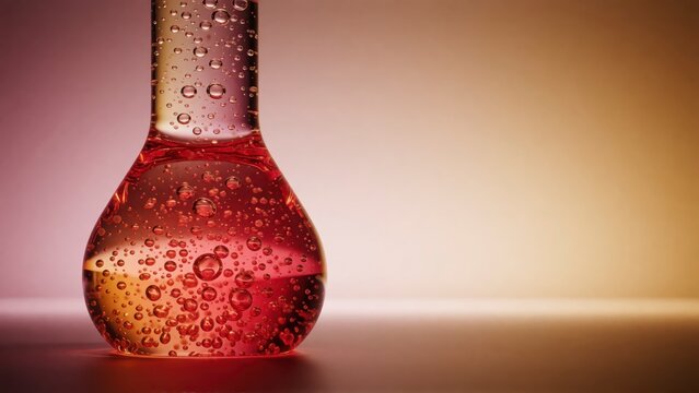Close up of a glass laboratory flask filled with red liquid and bubbles in a scientific setting