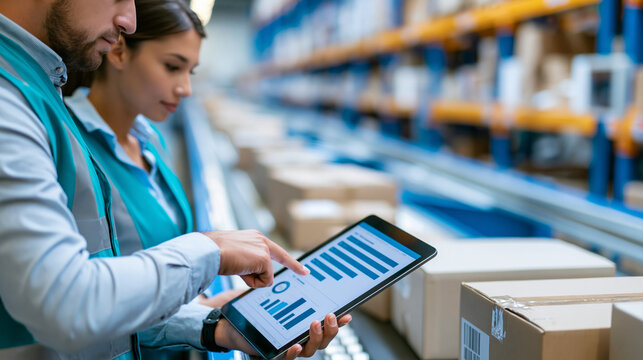 Faceless male and female warehouse staff members tracking packages along a moving conveyor in a large shipping facility, looking at delivery time data and analytics on a tablet
