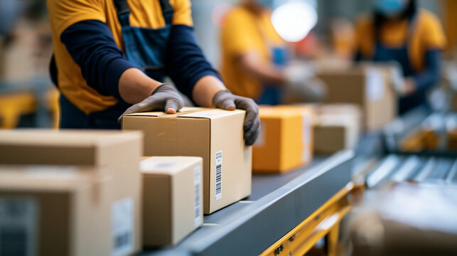 Faceless anonymous personnel carefully loading various boxes onto conveyor lines in a mail and parcel processing center, employees facilitating the movement of cargo for