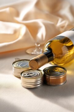White wine bottle with metal food cans on a table. Preparation of gourmet snack or dinner. Still life concept with beverage and non-perishable preserved food items for elegant event.