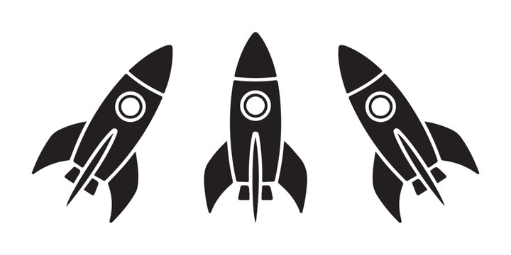Set of three rocket icons in different angles isolated on transparent background, modern flat design style.