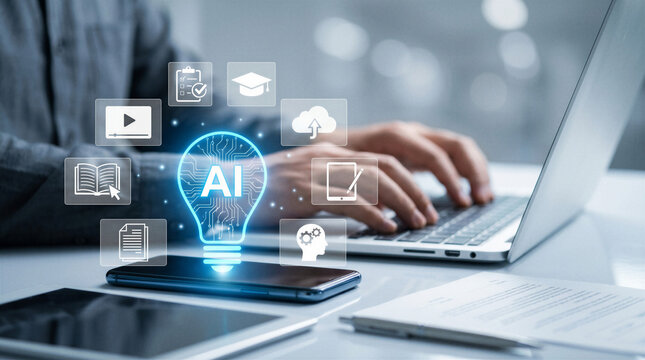 AI learning interface on smartphone and laptop with digital education icons in modern corporate workspace.