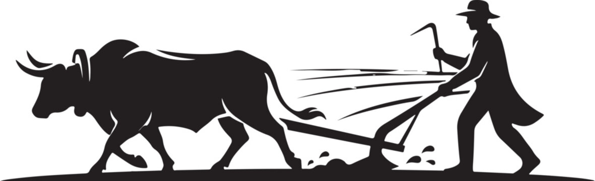 Silhouette of a farmer plowing with a bull, agricultural