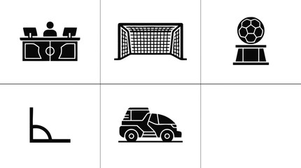 Soccer Field Elements: Referee Desk, Goal, Trophy, Corner Flag, and Mower Icon Set © ILOVETITHI