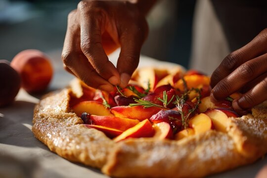 Woman baker garnishing peach pie with fresh rosemary. Homemade fruit galette preparation. Culinary art, baking concept, delicious organic dessert, rustic kitchen cooking process.