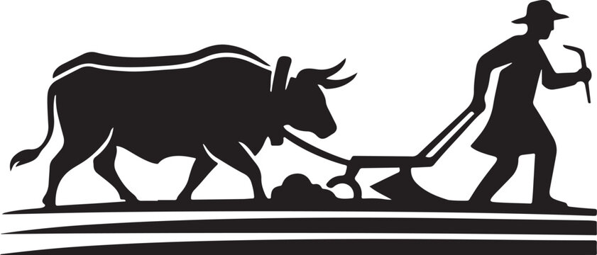 Silhouette of a farmer plowing with a bull, black