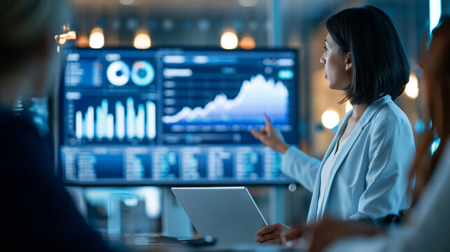 Faceless female executive in a glass office leading a business meeting using digital dashboards to explain performance metrics, align the team on strategy and review sales trends,