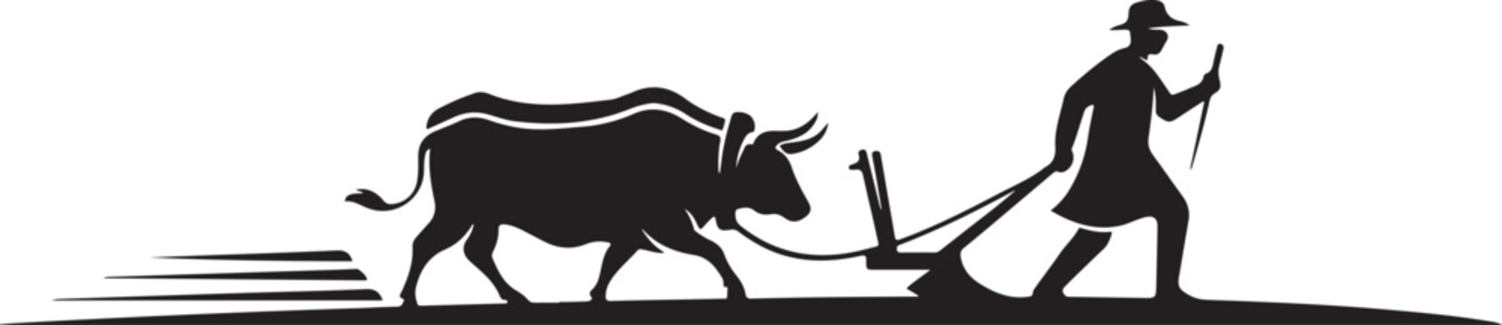 Silhouette of a farmer plowing with a bull, traditional