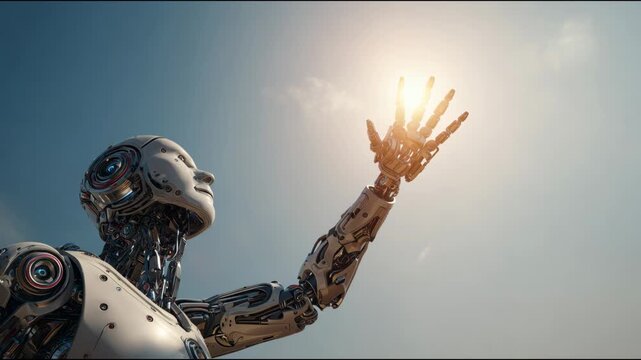 Sophisticated android looking up and stretching its hand towards the sun, grasping for the light
