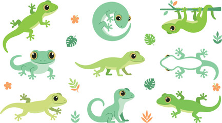 Obraz premium Cute Cartoon Green Lizard and Gecko Vector Icon Set Featuring Playful Reptiles Climbing Hanging on Branches and Showing Various Poses with Tropical Leaves