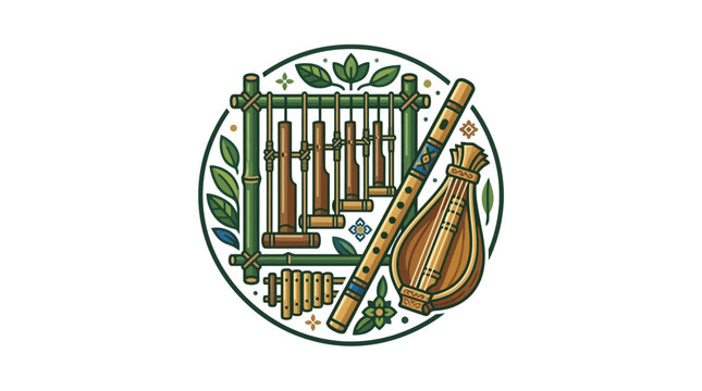 Circular graphic of angklung and traditional wind instruments.