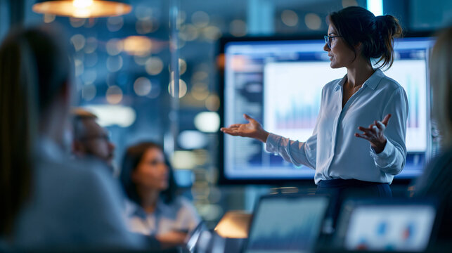 Faceless businesswoman leading a strategic planning meeting in a glass conference room, explaining goals, reviewing performance metrics and coordinating tasks while colleagues