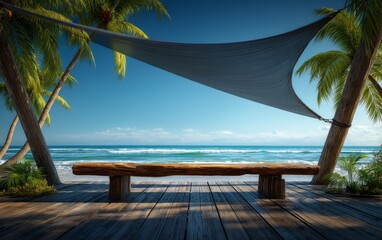 Obraz premium Tranquil Tropical Beach Reading Nook with Canvas Sail and Palm Trees