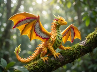 Fototapeta premium Creative fruit carving of a mythical dragon made from mango kiwi and dragon fruit on tree branch in jungle