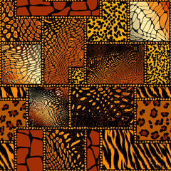 Fototapeta premium Wild safari animal seamless pattern. Vector leopard, cheetah, tiger, giraffe, zebra, snake skin textures in patchwork style for fashion print
