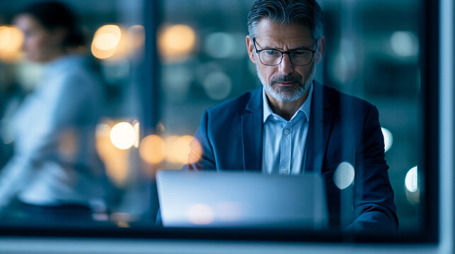 Faceless business executive working alone on a laptop in a glass meeting room, updating project plans, checking performance metrics and preparing client documents while another