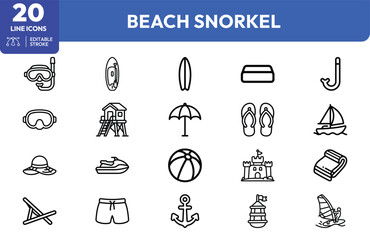 Fototapeta premium Beachside Fun icon set. Containing snorkel gear, sailboat, beach umbrella, flip-flops, cooler, sandcastle, windsurfing, diving mask. Editable stroke. Vector illustration.