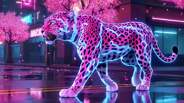 Neon pink cybernetic leopard walking through a cherry blossom city street at night, cyberpunk feline prowls wet neon reflections and falling petals.