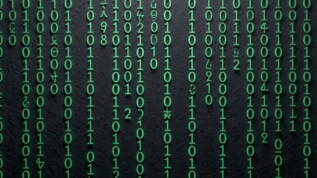 Digital binary code streaming down on a dark background representing data flow and cyber security