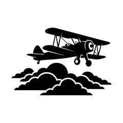 Silhouette of a classic biplane aircraft flying over dark clouds, isolated on a white background, of aviation concept © Mia1000