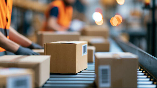 POV footage on a conveyor line in a logistics center showing employees sorting and loading parcels packages and cardboard boxes in a postal office or retail warehouse facility,