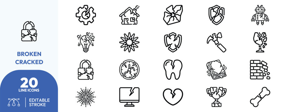 Faulty System Elements icon set. Containing broken lock, shattered clock, cracked tooth, split heart, fractured trophy, damaged wall, exploded light, splintered. Editable stroke. Vector illustration.
