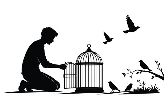 Silhouette of a man opening a bird cage to set many small birds free